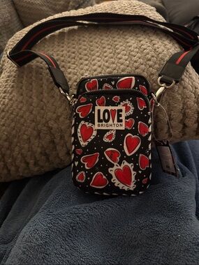 Brighton Black Crossbody Phone Bag with Red Heart Print